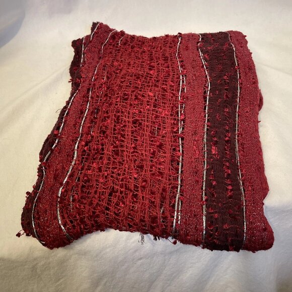 Statement Scarf Burgundy Mesh Knit with Shimmering Silver and Fringe 75" x 20" - Picture 5 of 8